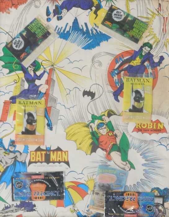 20thC School. DC Comics and other collage, Batman printed wallpaper with sticker packets...