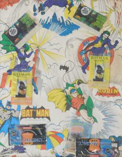 20thC School. DC Comics and other collage, Batman printed wallpaper with sticker packets...