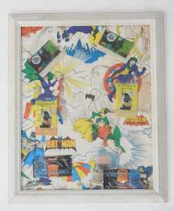 20thC School. DC Comics and other collage, Batman printed wallpaper with sticker packets... - 2
