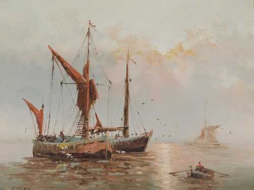 L Alexis (20thC). Figures in rowing boat with boats in the distance, Continental scene, oil on...
