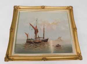 L Alexis (20thC). Figures in rowing boat with boats in the distance, Continental scene, oil on... - 2