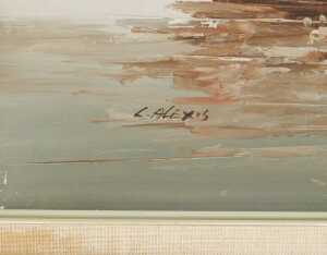 L Alexis (20thC). Figures in rowing boat with boats in the distance, Continental scene, oil on... - 3