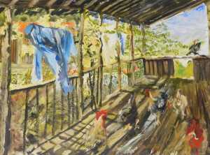 Mike Helmy (20thC). Chickens on a veranda with washing drying, oil on canvas, signed, 73cm x 100cm.