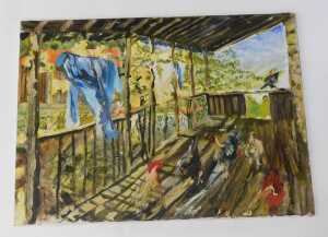 Mike Helmy (20thC). Chickens on a veranda with washing drying, oil on canvas, signed, 73cm x 100cm. - 2