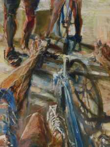 Mike Helmy (20thC). Figure on a bicycle, abstract, oil on board, signed and dated (19)96, 119cm...