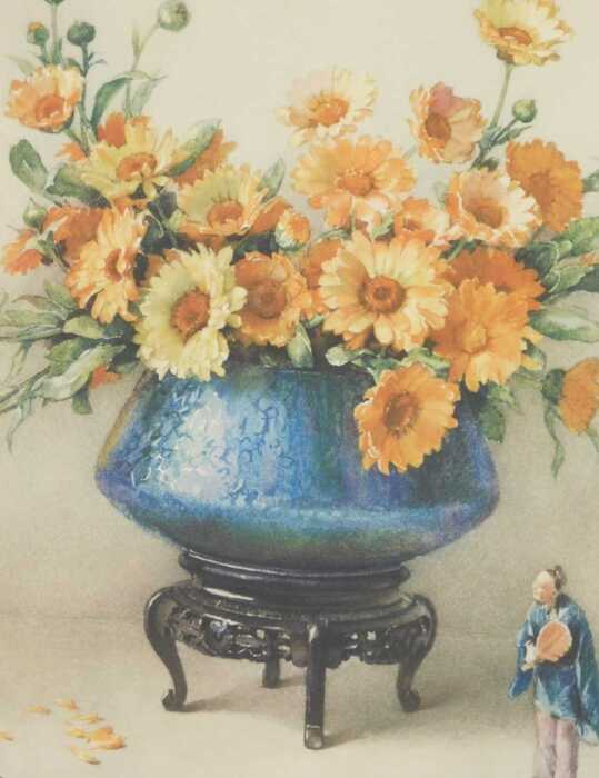 After King. Marigolds and Anemones still life, print, 37cm diameter.