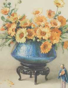 After King. Marigolds and Anemones still life, print, 37cm diameter.