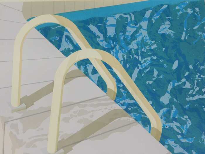 After Aldo Andreolo. Swimming pool steps, print, unsigned, 45cm x 59cm.
