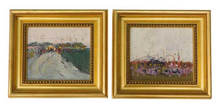 Leslie Goodwin (1929-2022). Street scene with flags and stadium in the distance, oil on board,...