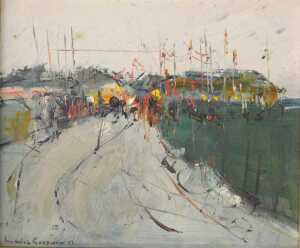 Leslie Goodwin (1929-2022). Street scene with flags and stadium in the distance, oil on board,... - 2
