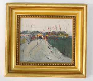Leslie Goodwin (1929-2022). Street scene with flags and stadium in the distance, oil on board,... - 3