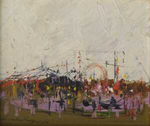 Leslie Goodwin (1929-2022). Street scene with flags and stadium in the distance, oil on board,... - 6