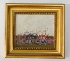 Leslie Goodwin (1929-2022). Street scene with flags and stadium in the distance, oil on board,... - 7