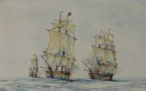 J Terry Culpan (20thC). Shipping scene, clippers on calm waters, watercolour, signed and dated...