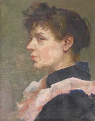 19thC School. Portrait of a lady facing dexter, in reflective mood, F Dupre stamped canvas and...