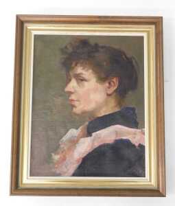 19thC School. Portrait of a lady facing dexter, in reflective mood, F Dupre stamped canvas and... - 2