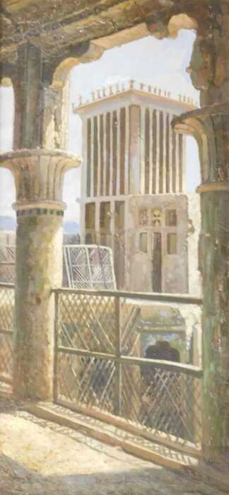 20thC School. Continental arches with figure in the distance, oil on board, unsigned, 59cm x 29cm.