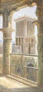20thC School. Continental arches with figure in the distance, oil on board, unsigned, 59cm x 29cm.