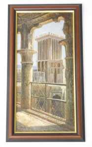 20thC School. Continental arches with figure in the distance, oil on board, unsigned, 59cm x 29cm. - 2