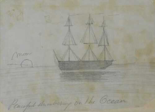 20thC School. Naive sketch of a ship, Peaceful... On the ocean, pencil, unsigned, 13cm x 18cm.