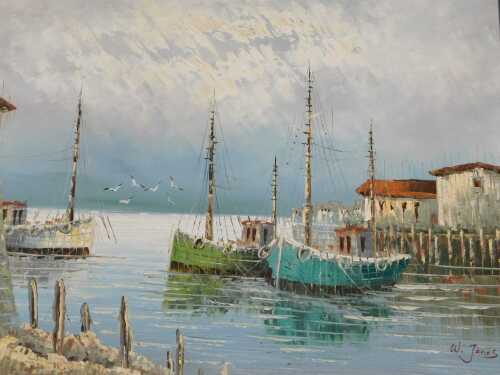 W Jones (20thC). Harbour scene, boats entering port, oil on canvas, signed, 65cm x 91cm.