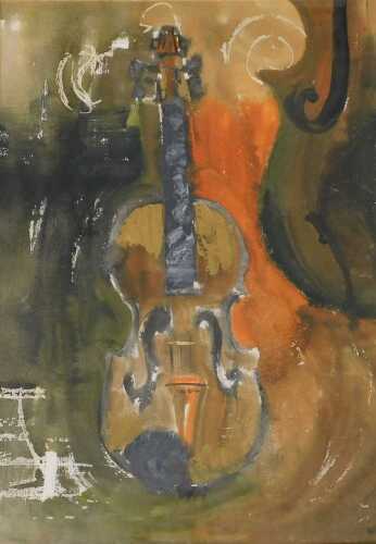 Alan Oliver (20thC). Violin, watercolour, signed, 72cm x 52cm.