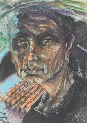 Mike Helmy (20thC). Figure of a lady, mixed media, signed and dated (19)96, 40cm x 29cm.