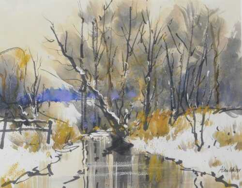 Alan Oliver (20thC). Winter Scene, watercolour, signed, label and bill of sale verso, 23cm x 29cm.