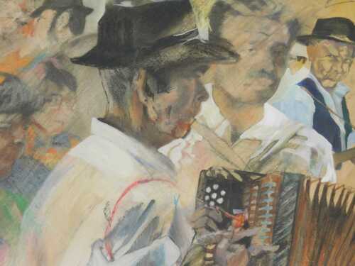 Mike Helmy (20thC). Figures playing piano accordion and other musical instruments, mixed media,...