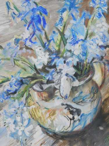 Mike Helmy (20thC). Blue flowers in a jug, oil and crayon, signed, titled and labelled verso,...
