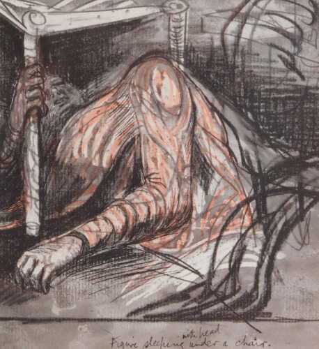 After Henry Moore. Figure sleeping with head under chair, print, Public Libraries Leyton stamp...