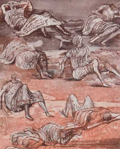After Henry Moore. Figure studies 1940-41, print, circa 1990s, Leyton Public Libraries stamp...