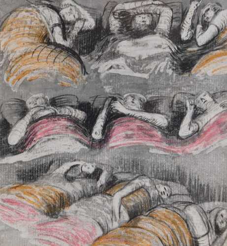 After Henry Moore. Titled LV Shelter sketchbook portfolio, print, circa 1990s, Leyton Public...