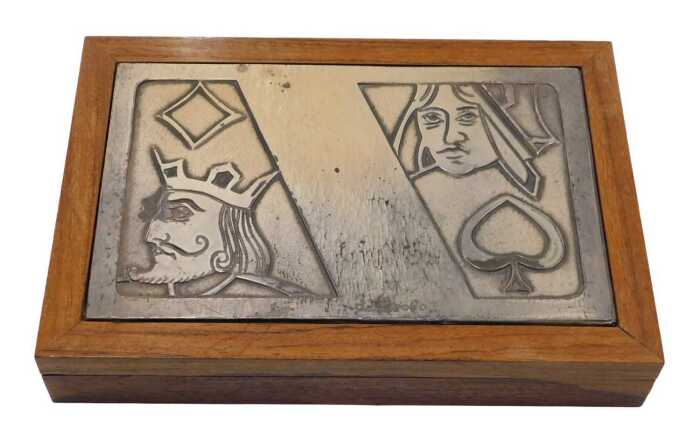 Bandi Paolo (20thC). Card games box, wood and silvered metal, 4cm high, 25cm wide, 17cm deep.