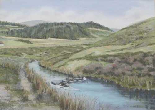 Matt Cumming (20thC). Calm river landscape, pastel, signed, 30cm x 41cm.