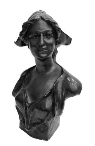 After Jef Lambeaux. Dame A' La Coiffe, lady with a bonnet, bronze finish plaster bust, bearing...