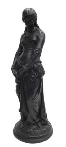 Manner of Emile Andre Boisseau. Passive maiden, bronze finish statue on narrow inverted circular...