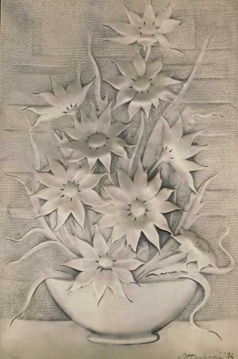 Ottan Viani (20thC). Floral plaque, signed and dated (19)74, 47cm x 31cm, bombay rosewood frame.