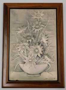 Ottan Viani (20thC). Floral plaque, signed and dated (19)74, 47cm x 31cm, bombay rosewood frame. - 2