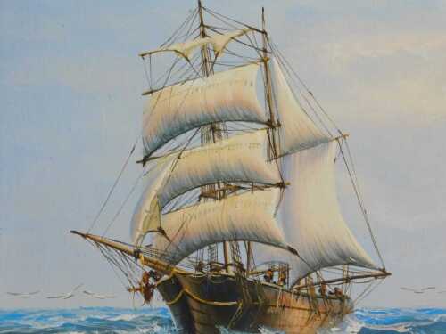 20thC School. Clipper on calm waters, oil on boarded canvas, signed, 20cm x 24cm.
