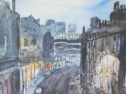 A White (20thC). Twilight street scene, watercolour, signed, 12cm x 16cm.