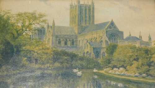 19thC School. Wells Cathedral, swans in the foreground, oil on board, 17cm x 26cm.