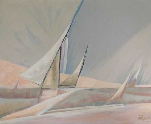 Lee Reynolds Barr (1936-2017). Sand Yachts, oil on canvas, signed and titled verso, 100cm x 126cm.