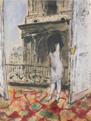 Edward Felix Wakeford (1914-1973). Female undressing on balcony, watercolour, signed, 59cm x 45cm.