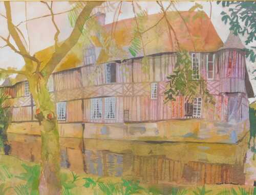 Jenny Wheatley (b.1959). Half timbered farmhouse in Calvados, watercolour, signed, dated 1985...