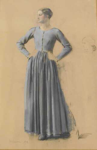Alfred Kingsley Lawrence (1893-1978). Study of a standing woman in a blue dress, pastel drawing,...
