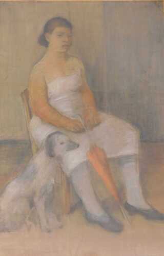 Ossip Lubitch (1896-1990). Girl, Dog and Umbrella, pastel drawing, 128cm x 84cm.
