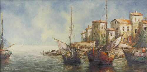 Angelo Paraselli (b.1919). Landscape, possibly Venetian scene, oil on canvas, typed label verso,...