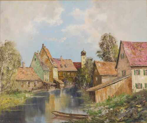 20thC School. Stream before cottages and trees, oil on canvas, indistinctly signed, 50cm x 60cm.