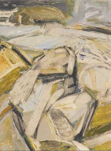 Derek Hyatt (20thC School). Abstract scene of man holding fish by a boat, oil on board, unsigned,...